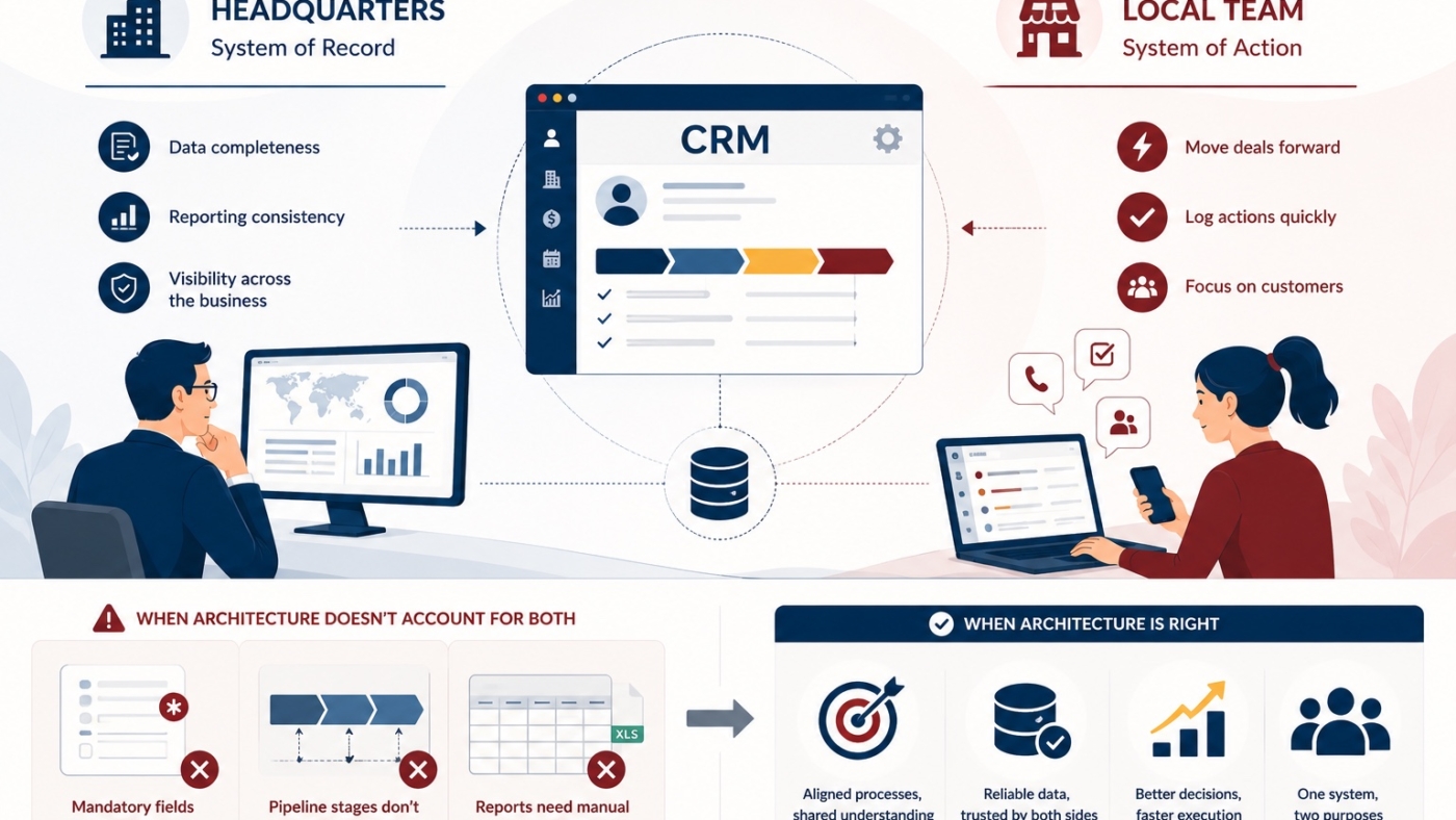CRM architecture aligning headquarters reporting with local team execution