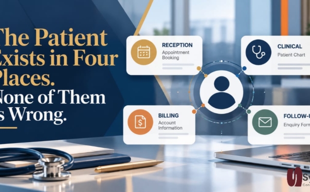Healthcare CRM onboarding infographic showing one patient represented across reception, clinical, billing, and follow-up records