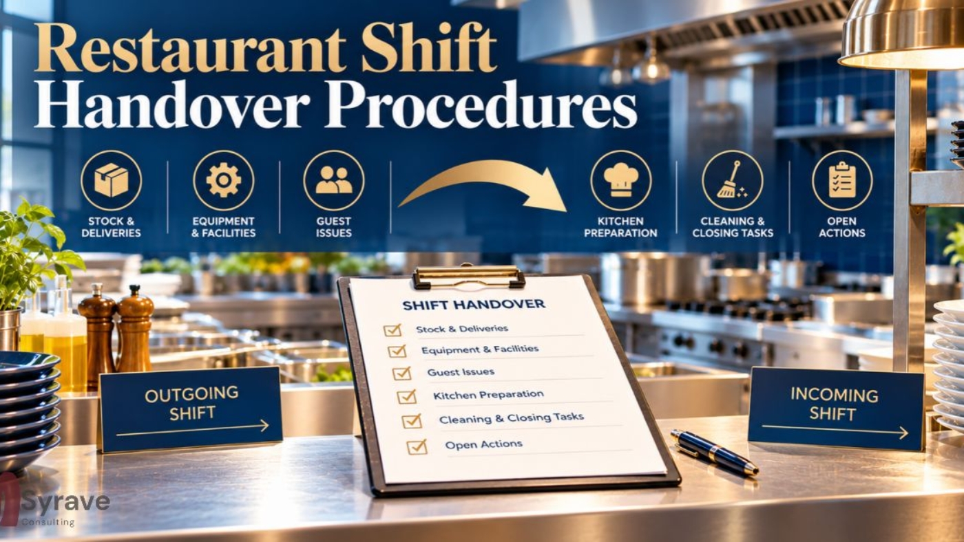 Restaurant shift handover checklist for stock, equipment, guest issues, kitchen preparation, and outstanding tasks.