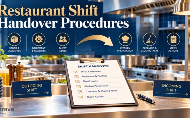 Restaurant shift handover checklist for stock, equipment, guest issues, kitchen preparation, and outstanding tasks.
